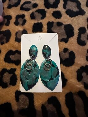 Teal Resin Leaf Drop Earrings with Silver Rings - Women Jewelry